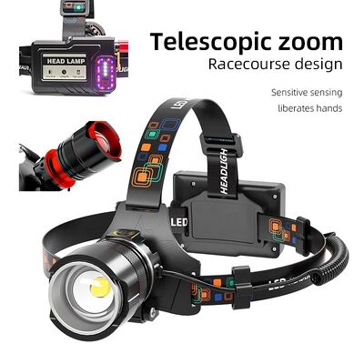 Cross-border Charging Outdoor Night Fishing Camping Hiking Emergency Lamp Induction Stretching Zoom Warning Strong Head Lamp