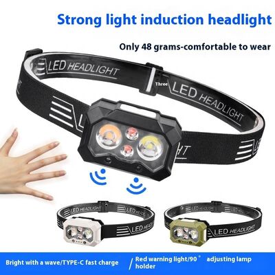 Dual Light Source LED Headlamp with Yellow & White Light Built-in USB Charging Lithium Battery Wave Induction Night Fishing Tool